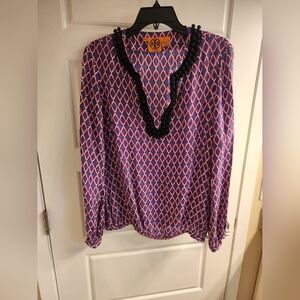 Tory Burch Purple and Pink Geometric V-Neck Blouse with Black Trim